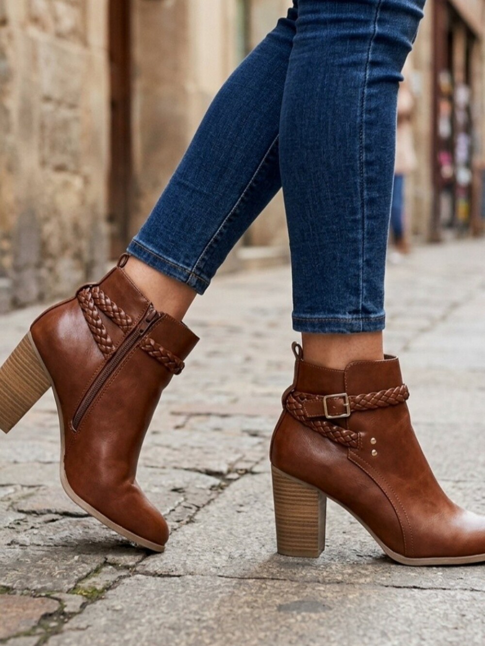 American Eagle Boots Womens Sze 6 Ankle Booties Brown Faux Leather Braided Heels